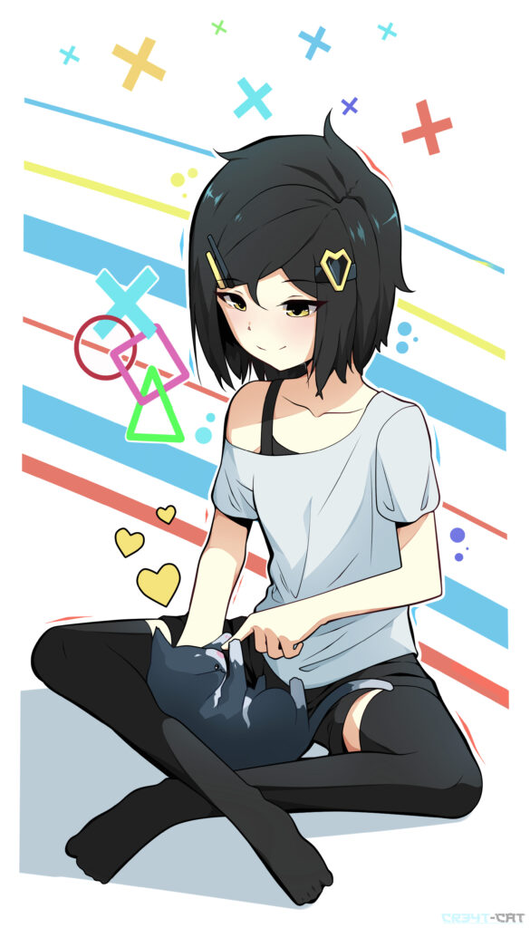 Vibrant Anime Girl with Kitten: Artistic Geometric Background Wallpaper