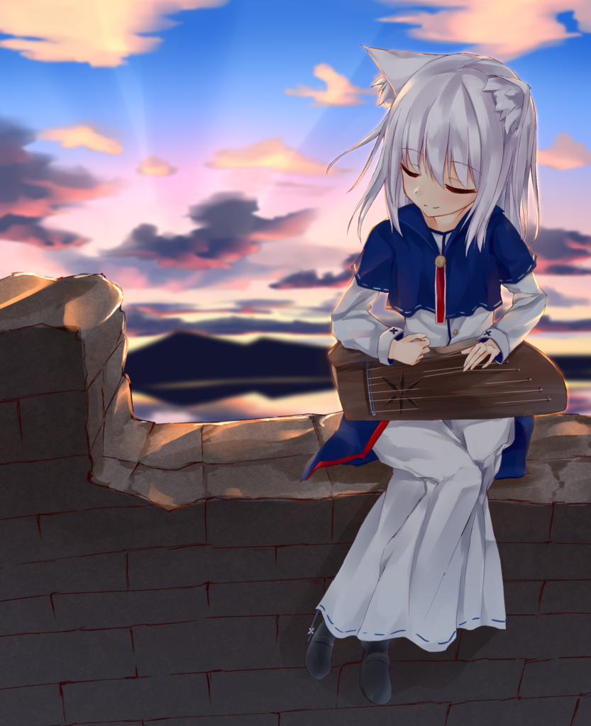 Anime Girl with Neko Ears Playing Instrument on Stone Wall Wallpaper