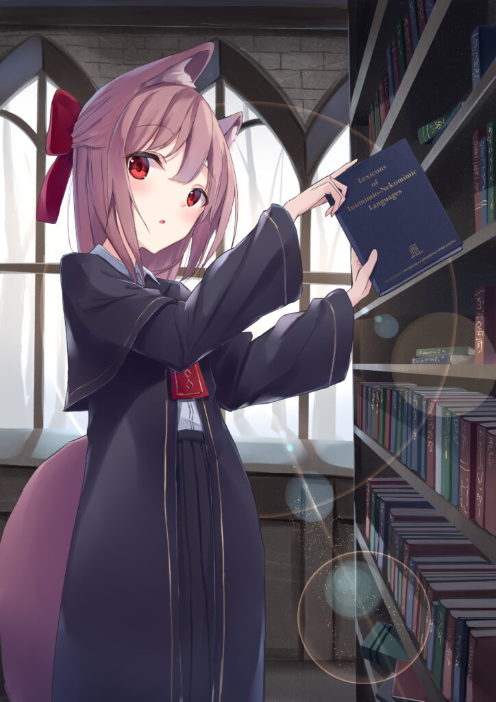 Anime Girl with Neko Ears in Dark Academic Robe - Library Scene Wallpaper