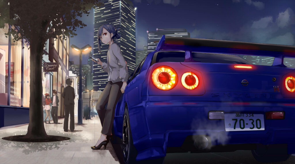 Anime Wallpaper: Girl with Nissan Skyline GT-R in Night City Scene
