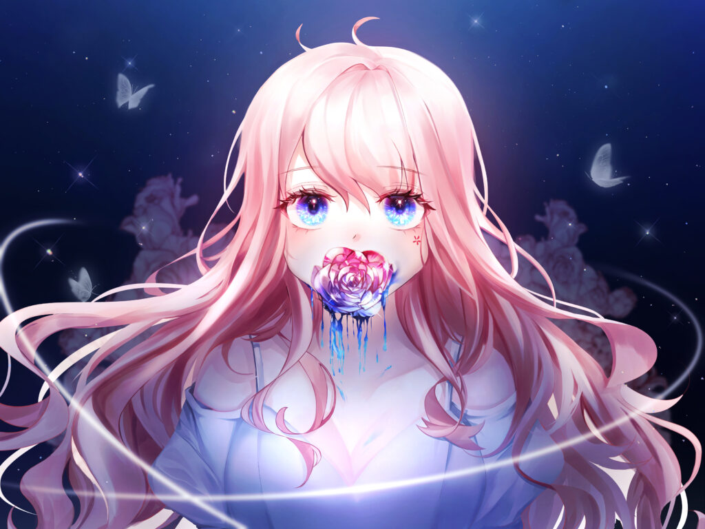 Dreamy Anime Girl with Pink Hair and Vibrant Rose Wallpaper