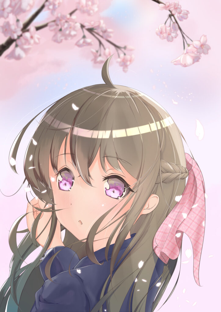 Serene Anime Girl with Pink Ribbon Amidst Blooming Sakura Wallpaper