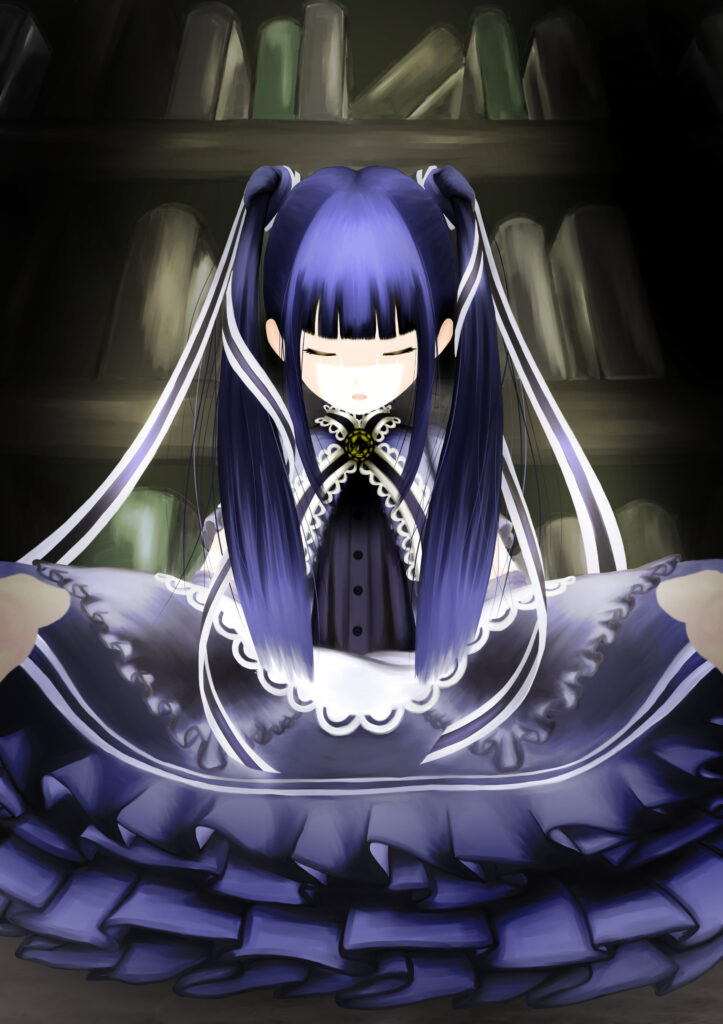 Anime Girl with Purple Ponytails in Magical Bookshelf Setting Wallpaper