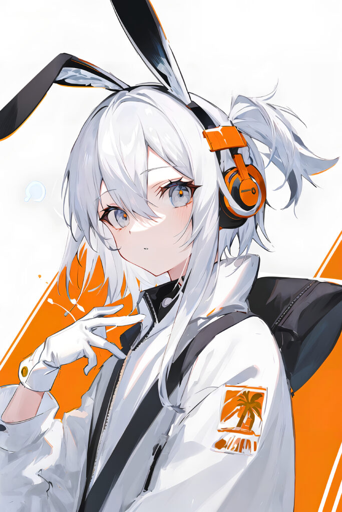 Anime Girl with Rabbit Ears in Orange Headphones - Stylish Wallpaper