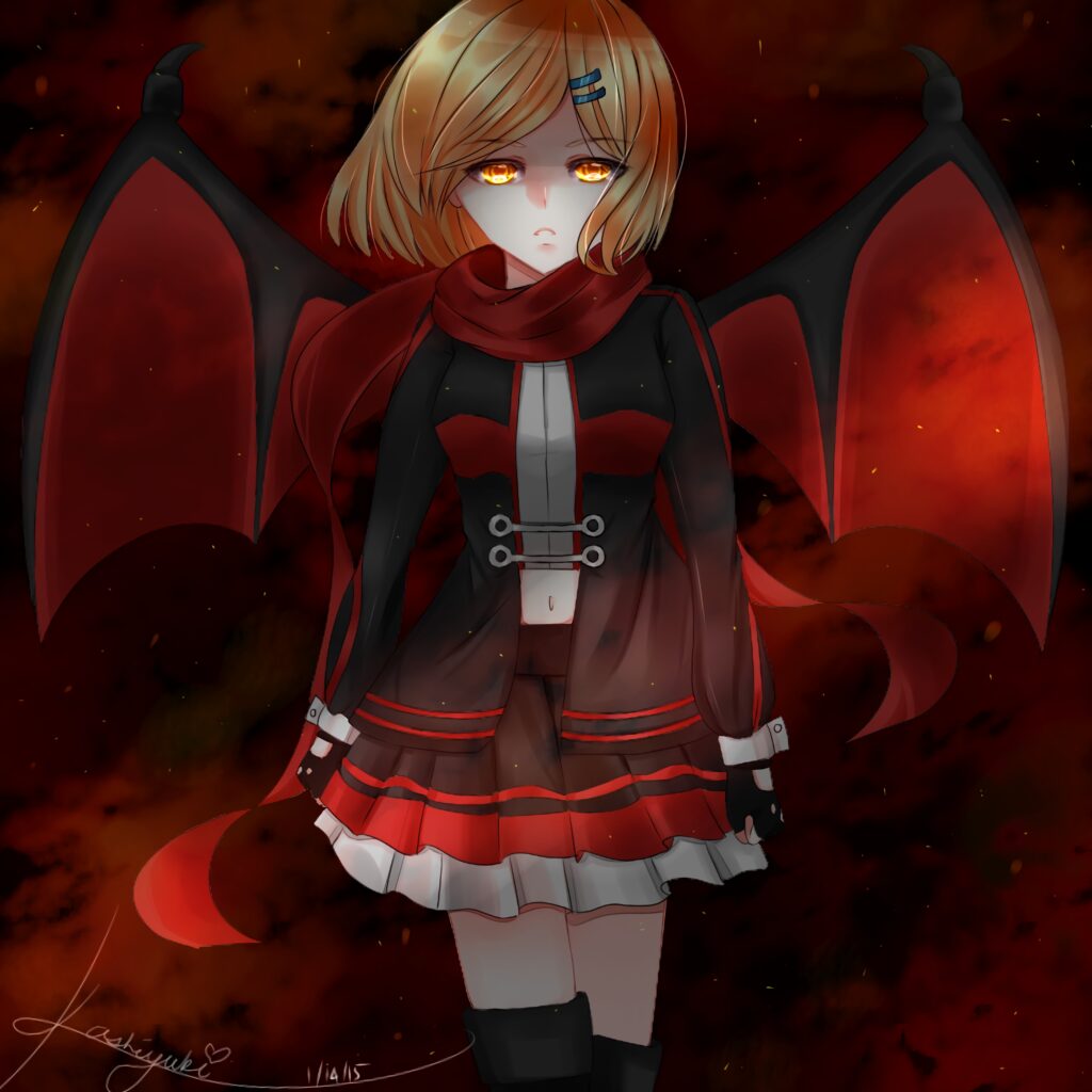 Anime Girl with Red Wings & Fiery Background - Dramatic Wallpaper