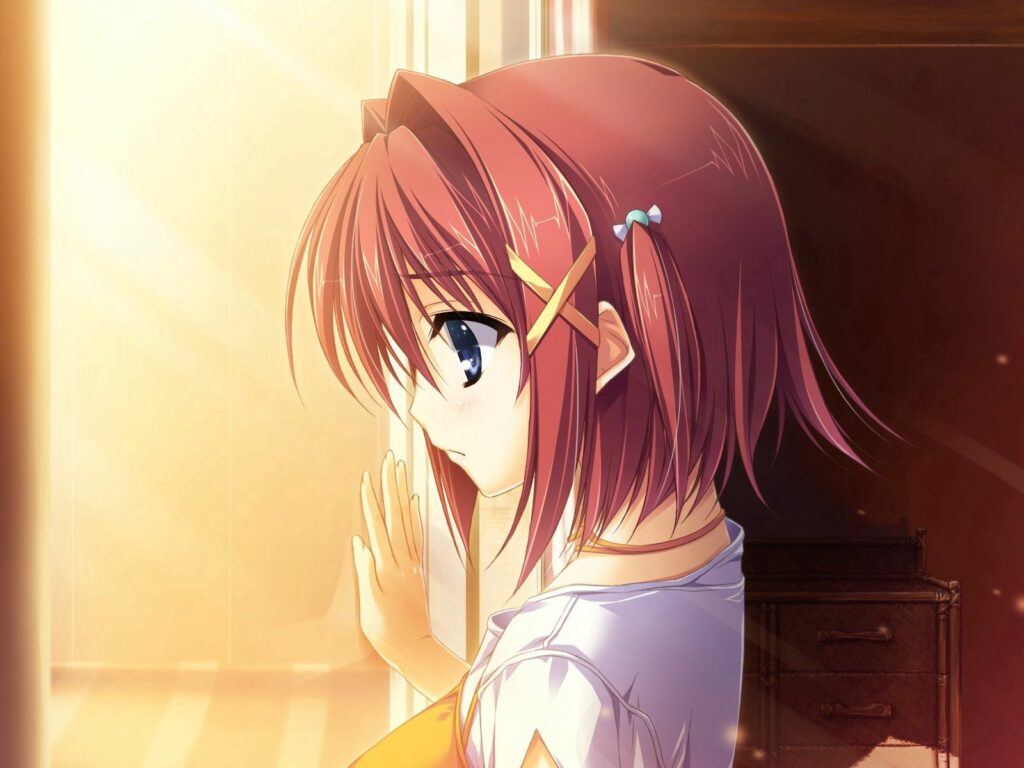 Anime Girl with Red Hair by Window: Sadness & Sunlight Wallpaper