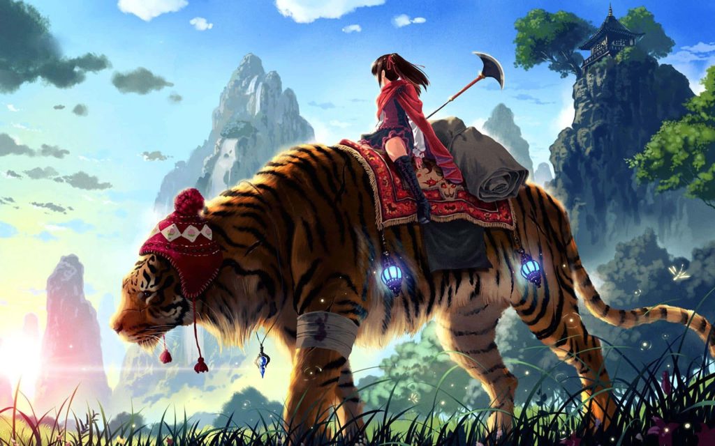Anime girl with red scarf riding giant tiger in red cap glowing lanterns fantasy landscape wallpaper