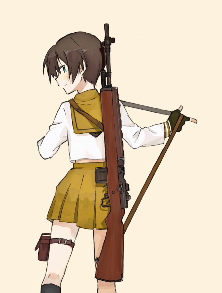 Anime Girl in School Uniform with Rifle - Stylish Wallpaper Art