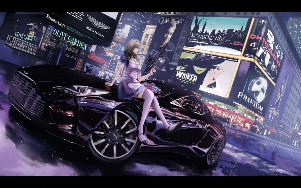 Anime girl in purple dress with rifle on black Aston Martin in neon-lit Times Square NYC Wallpaper