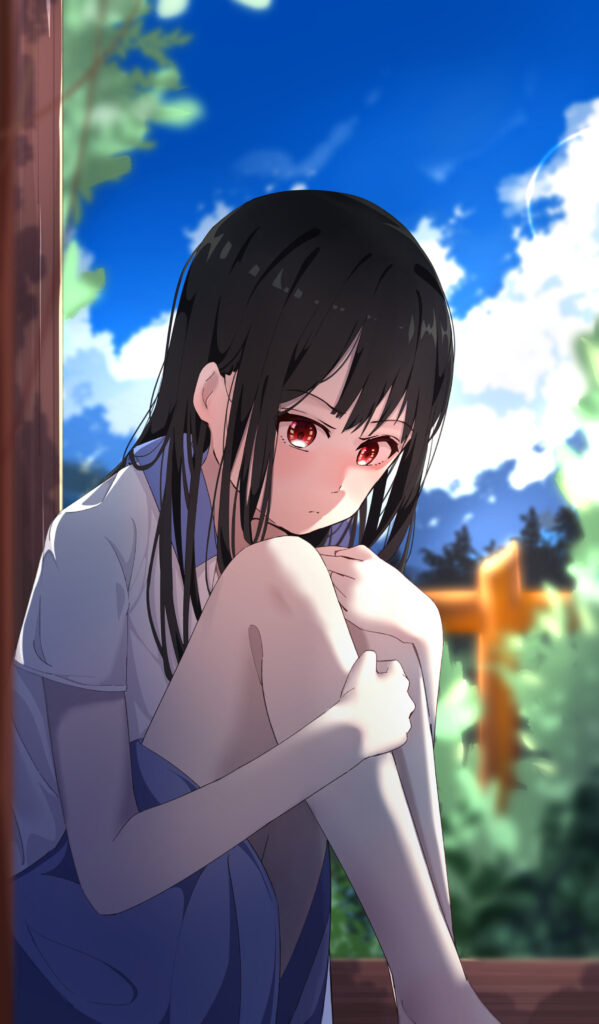 Anime Girl Contemplating: Serene Outdoor Wallpaper with Blue Sky