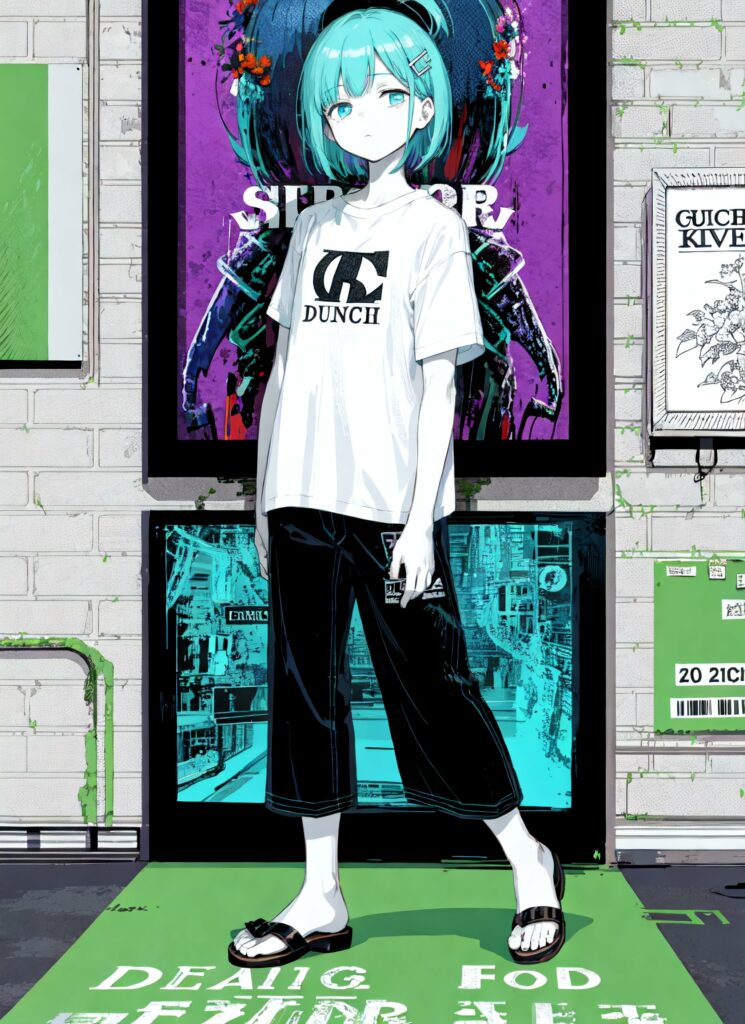 Anime Girl with Turquoise Hair in Urban Brick Wall Setting Wallpaper