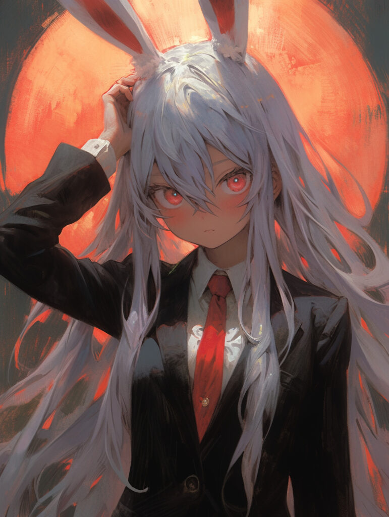 Anime Girl with White Hair & Rabbit Ears Against Vibrant Moonlit Backdrop Wallpaper