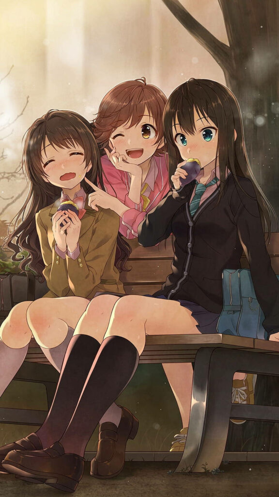Charming Anime Girls Sharing Snacks in Autumn - Aesthetic Wallpaper