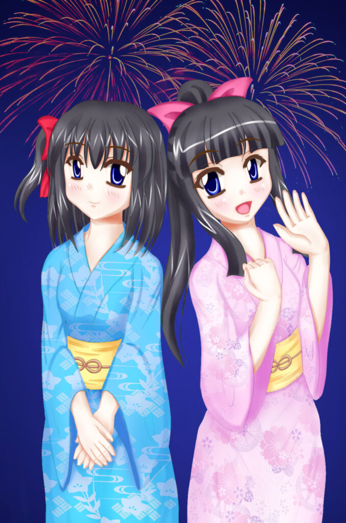 Anime Girls in Colorful Kimonos Celebrate with Fireworks Background Wallpaper