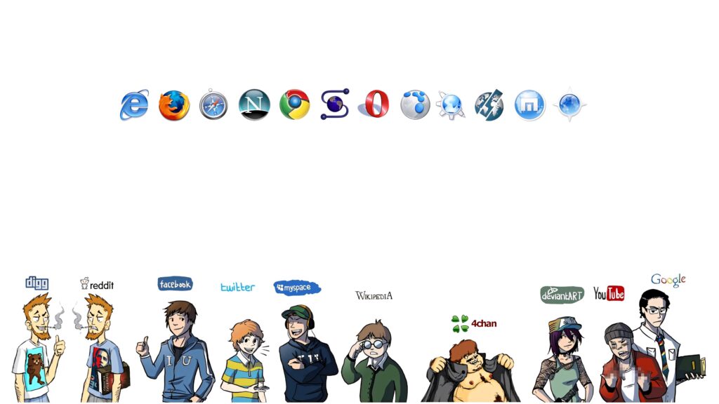 Anime-style browsers and apps wallpaper featuring Internet Explorer Firefox Chrome and Opera characters