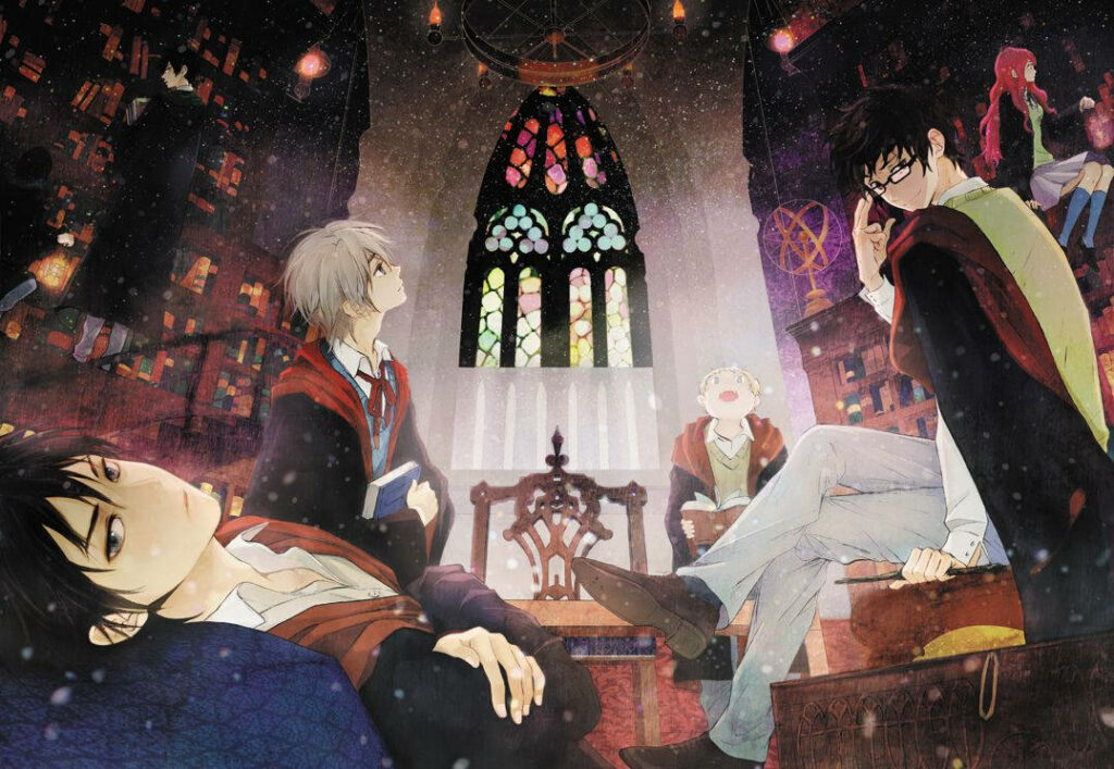 Anime-Style Marauders Wallpaper: Enchanting Hogwarts Library Scene