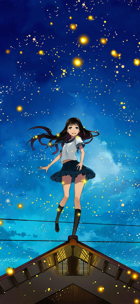 Anime-Inspired Night Sky Wallpaper with Serene Girl on Roof
