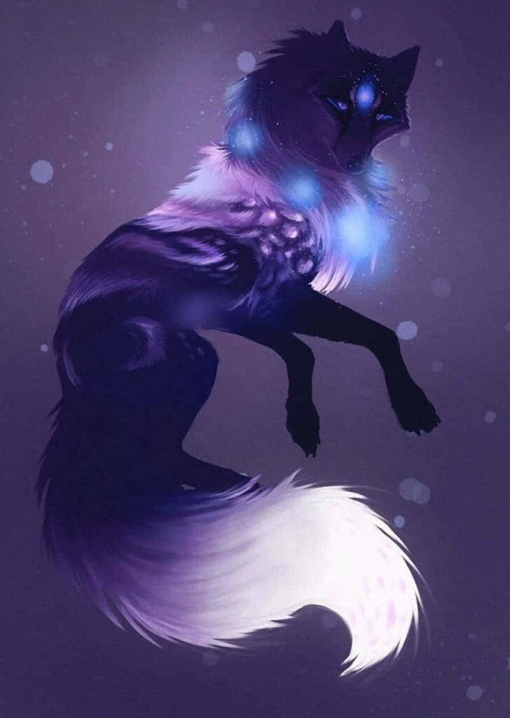 Intense Anime Wolf Wallpaper: Ethereal Blue & Purple Accents
