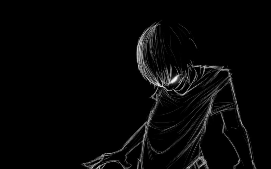 Anime Line Art: Mysterious Character on Dark Background Wallpaper