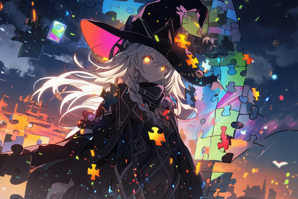 Enchanting Anime Magician Girl Wallpaper with Colorful Puzzle Background