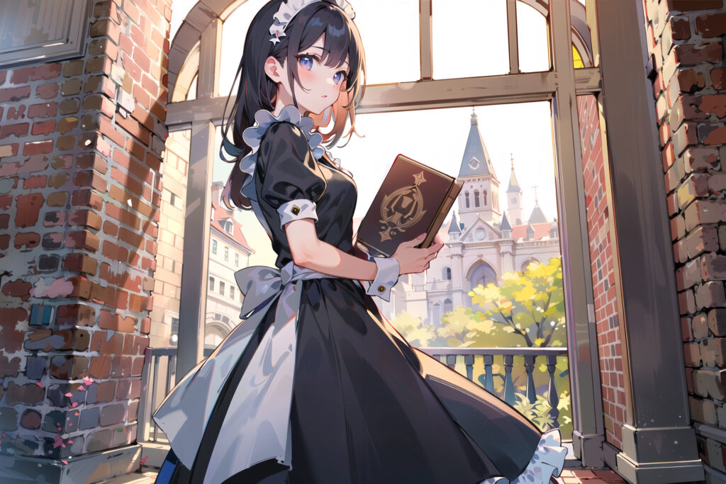 Anime Maid by Window with Cathedral View - Warm Inviting Wallpaper