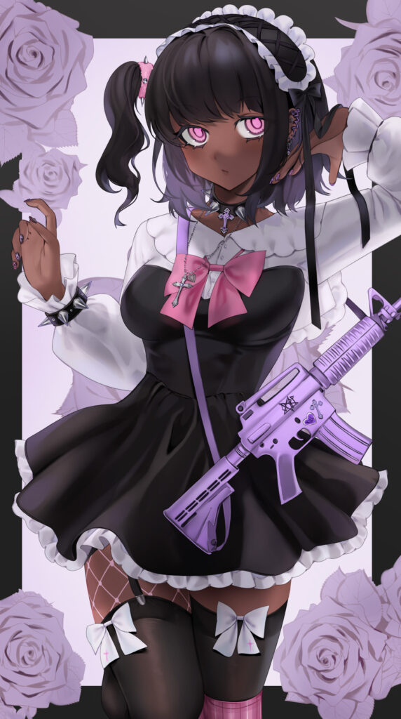 Anime Maid Holding Purple Rifle – Elegant & Strong Artwork Wallpaper
