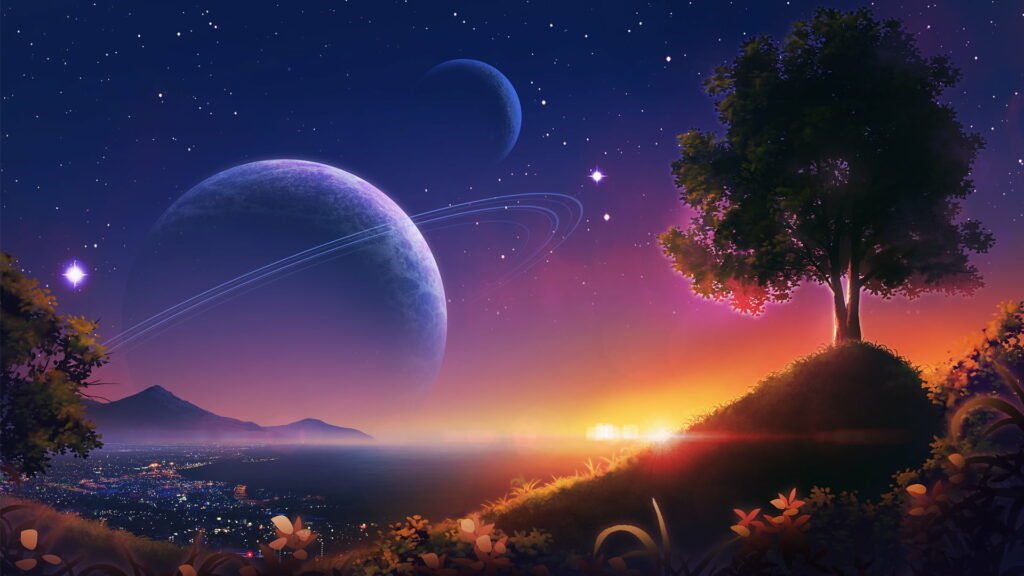 Enchanting Anime World: Majestic Tree Silhouette Amidst Multi-colored Planets at Sunset Wallpaper