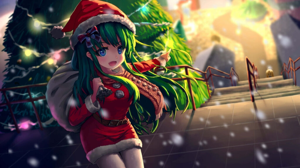 Festive Anime Santa Wallpaper in a Joyful Snowy Landscape