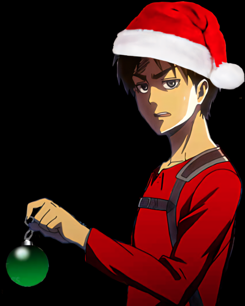 Anime Character in Santa Hat with Green Ornament on Black Background Wallpaper