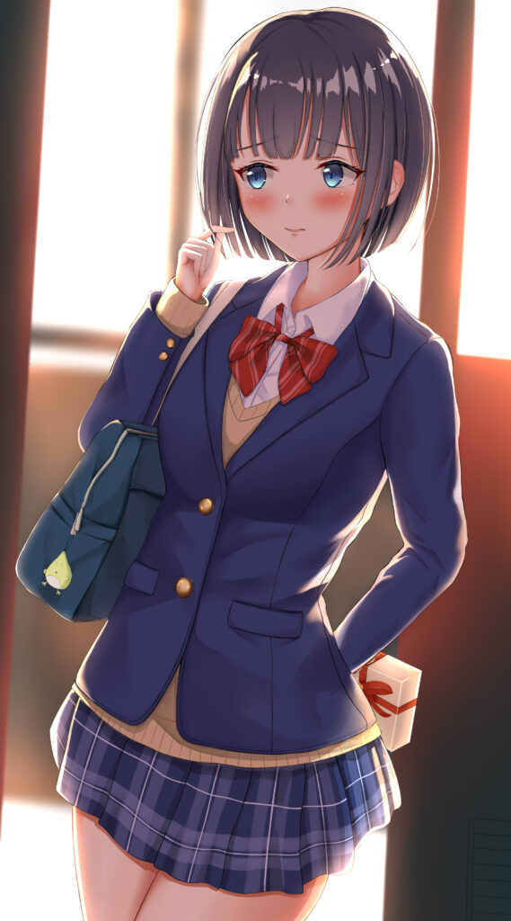 Anime Schoolgirl Wallpaper: Embarrassed Expression in Warm School Setting