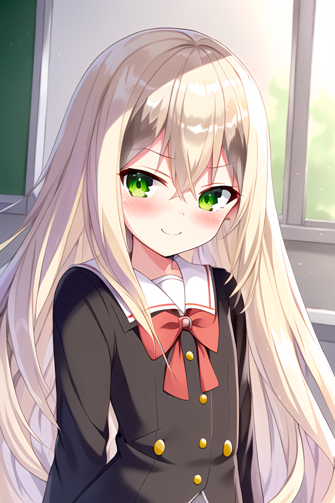 Anime Schoolgirl Wallpaper: Soft Smile in Classroom Setting