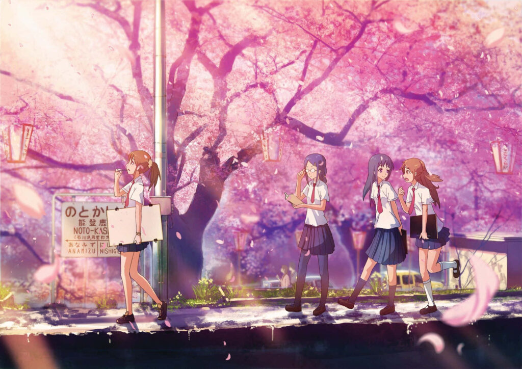 Anime Schoolgirls Under Sakura Trees - Charming Spring Wallpaper