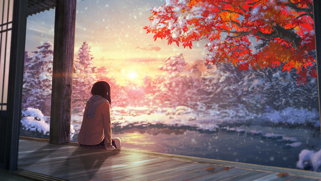 Serene Moments: An Anime Beauty Captivated by the Majestic Sunset amidst Wintery Scenery Wallpaper