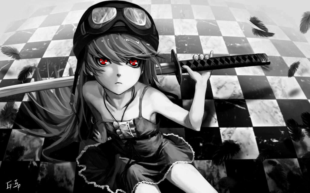 Anime Sword-Wielding Character Wallpaper in Black & White with Feathers