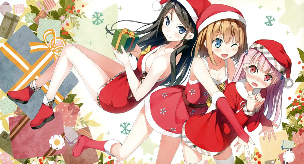 Festive anime girls in Santa outfits with colorful gifts snowflakes and holiday greenery wallpaper