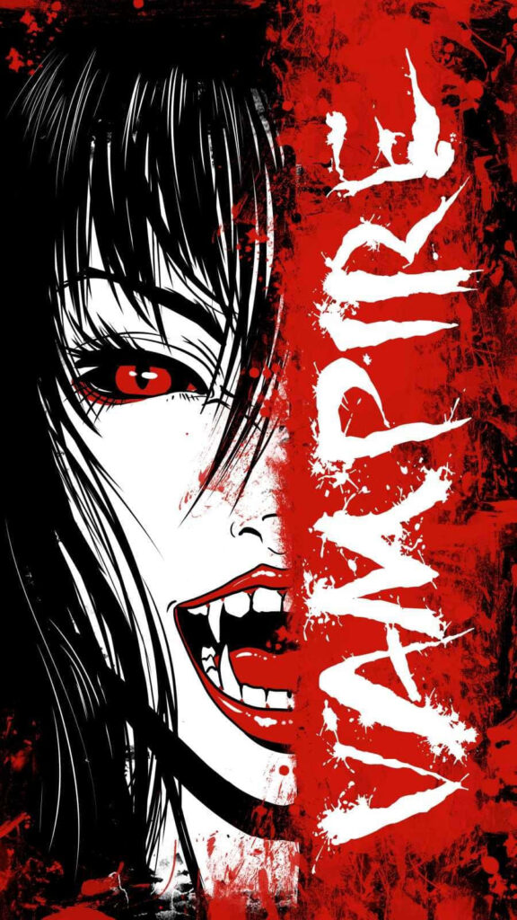 Anime vampire girl with red eyes and fangs on bold red black background iPhone 12 wallpaper