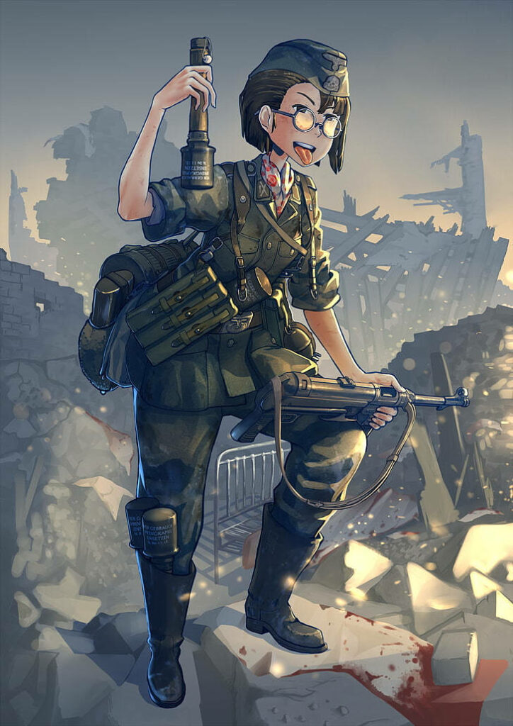 Anime WWII Fighter Wallpaper: Confident Character in War-Torn Scene