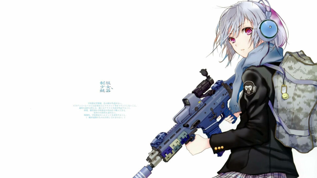 Anime Waifu School Uniform Wallpaper: Gun & Headphones Design