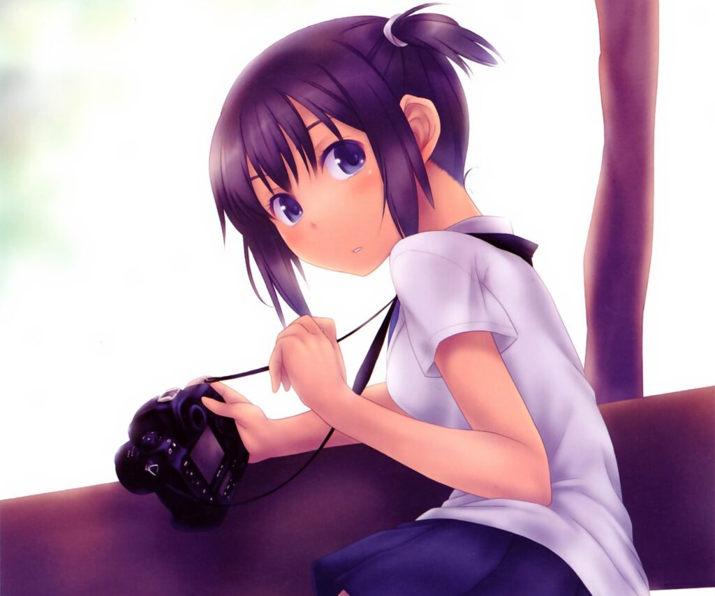 Anime Girl by Window: Curious Brunette with Camera - Serene Wallpaper