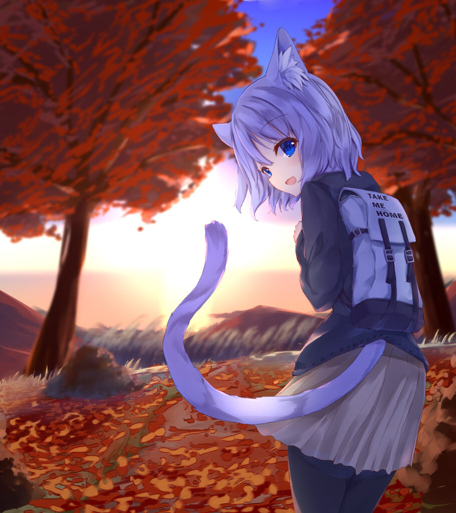 Cat-Eared Girl in Autumn Landscape - Anime Wallpaper