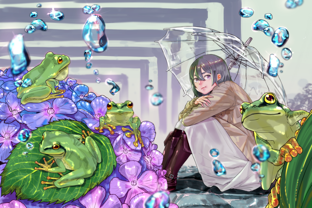 Anime Wallpaper: Girl Under Umbrella with Hydrangeas & Frogs