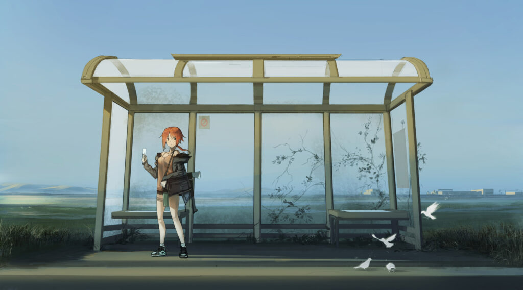 Anime Girl at Peaceful Bus Stop: Serene Wallpaper Background