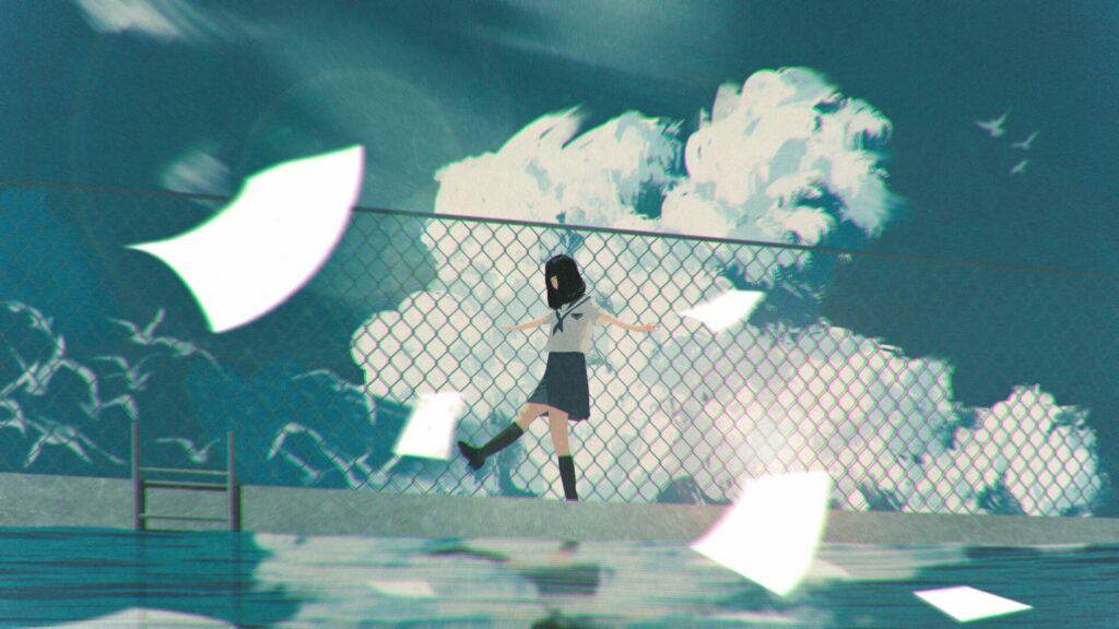 Whimsical Anime Wallpaper: Girl, Fence & Dramatic Cloud Reflection