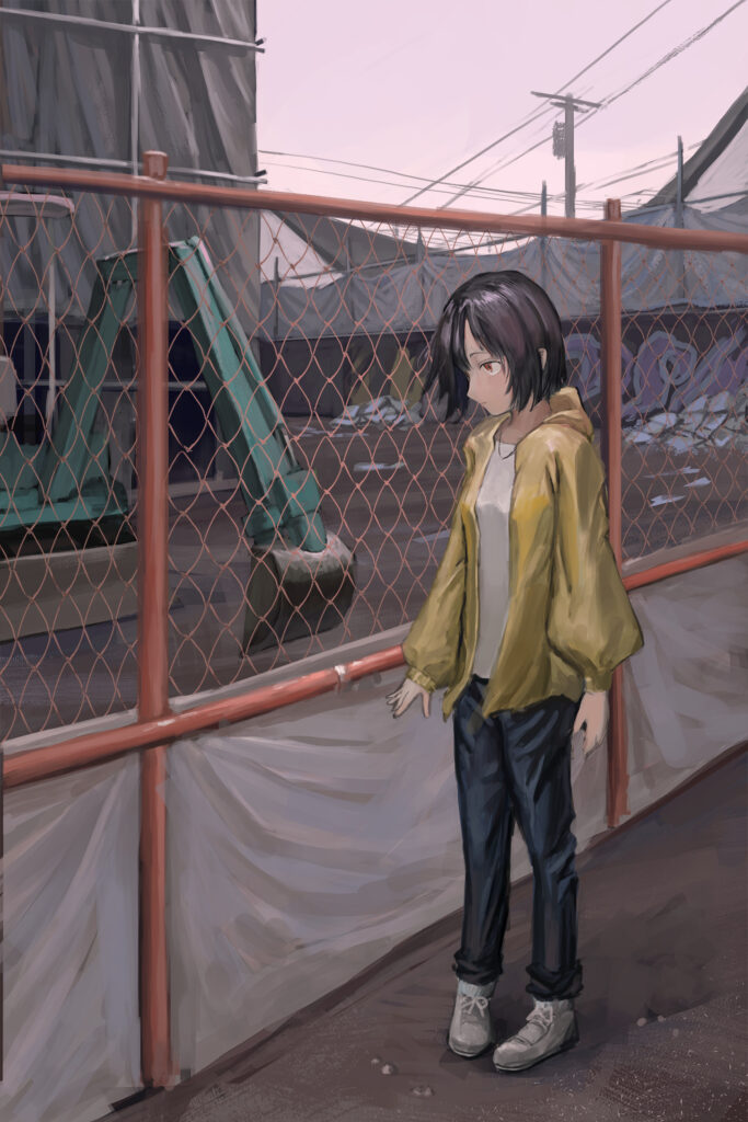 Urban Anime Wallpaper: Thoughtful Girl by Mesh Fence in Soft Colors