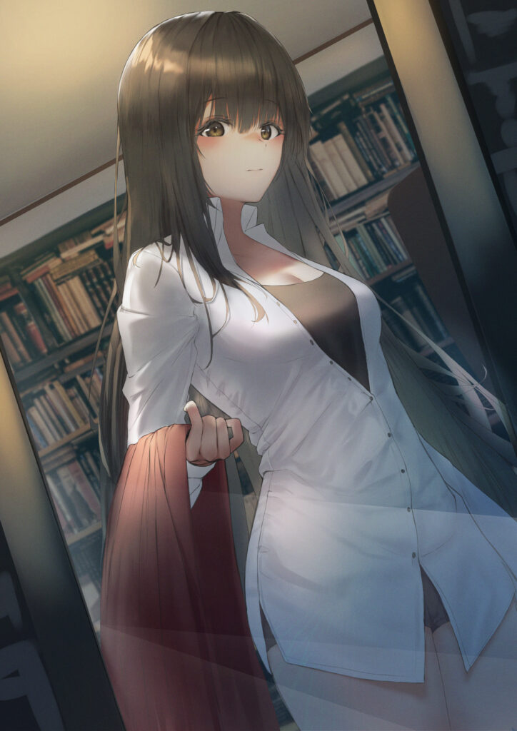 Anime Girl in Library Wallpaper - Serene Intellectual Artwork