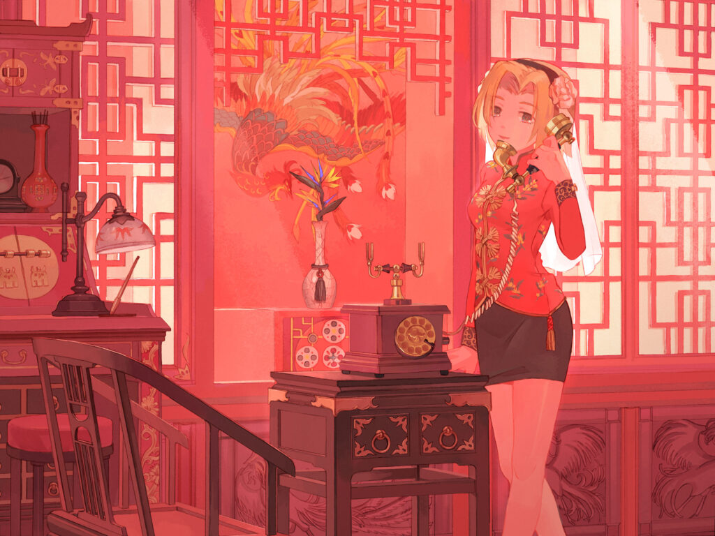 Anime-Inspired Wallpaper: Girl in Red Setting with Vintage Decor