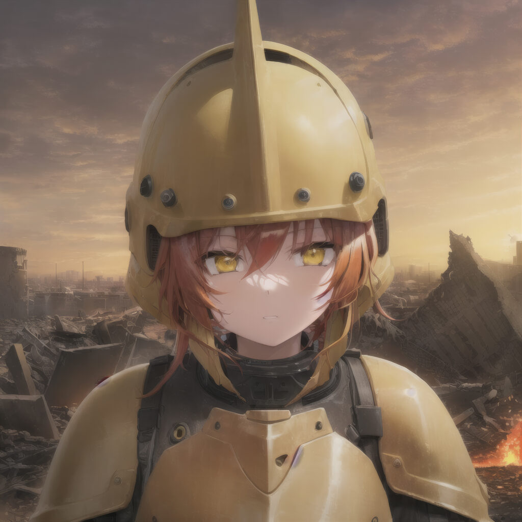 Stunning Anime Wallpaper: Girl in Yellow Armor - Post-Apocalyptic Scene