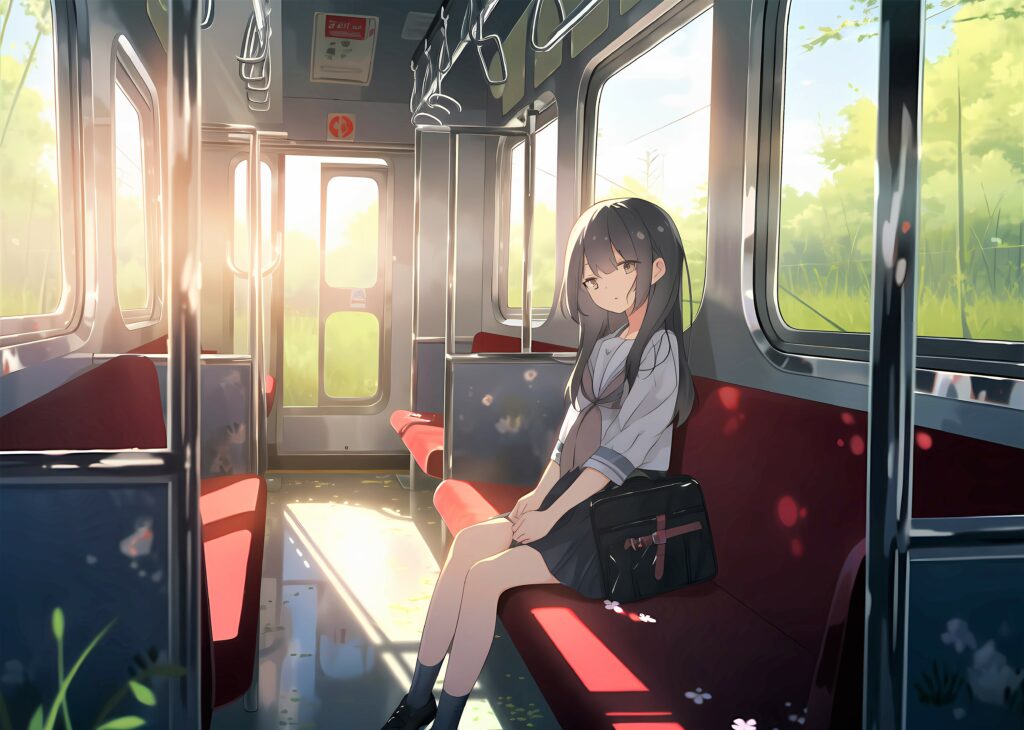 Serene Anime Wallpaper: Thoughtful Girl on Bus with Warm Sunlight