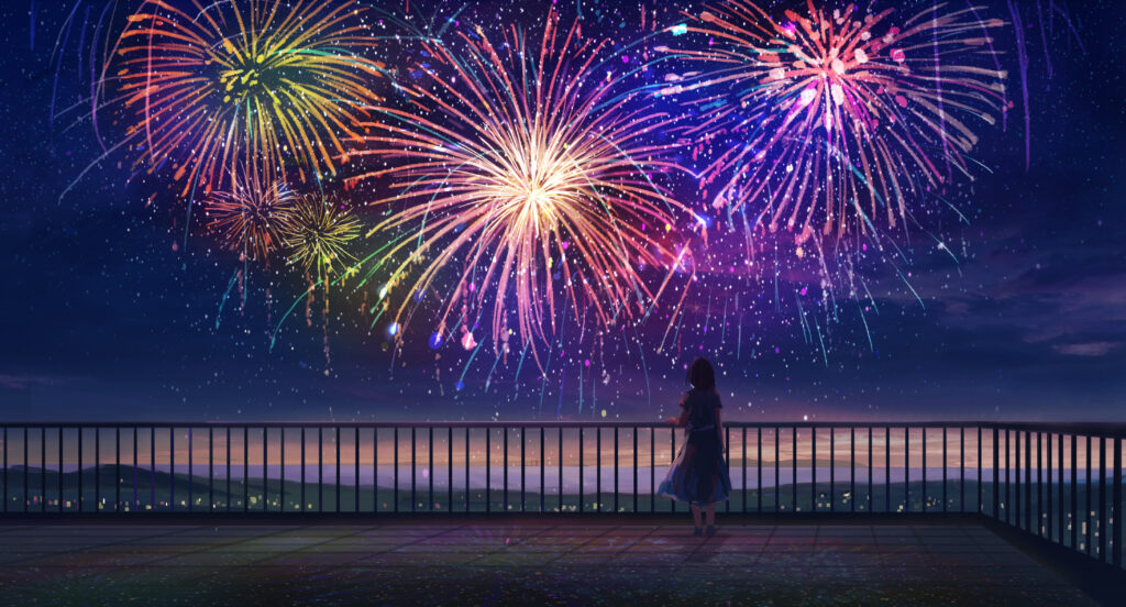 Anime Wallpaper: Girl on Rooftop with Colorful Fireworks Background