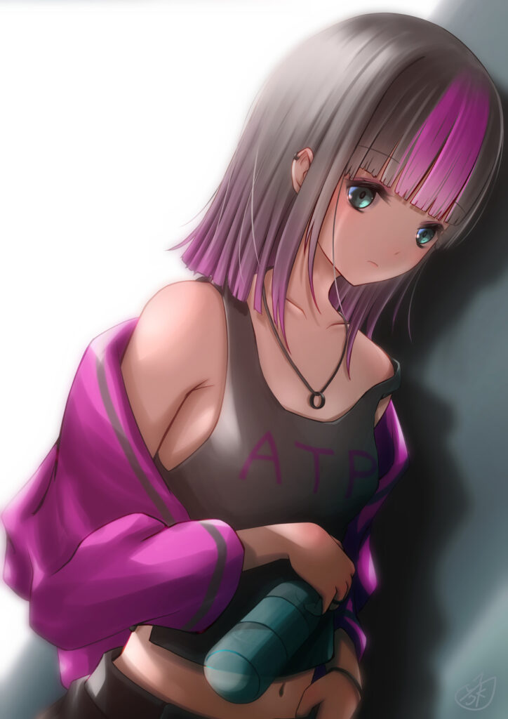 Anime Girl with Bangs in Magenta Jacket - Intriguing Wallpaper